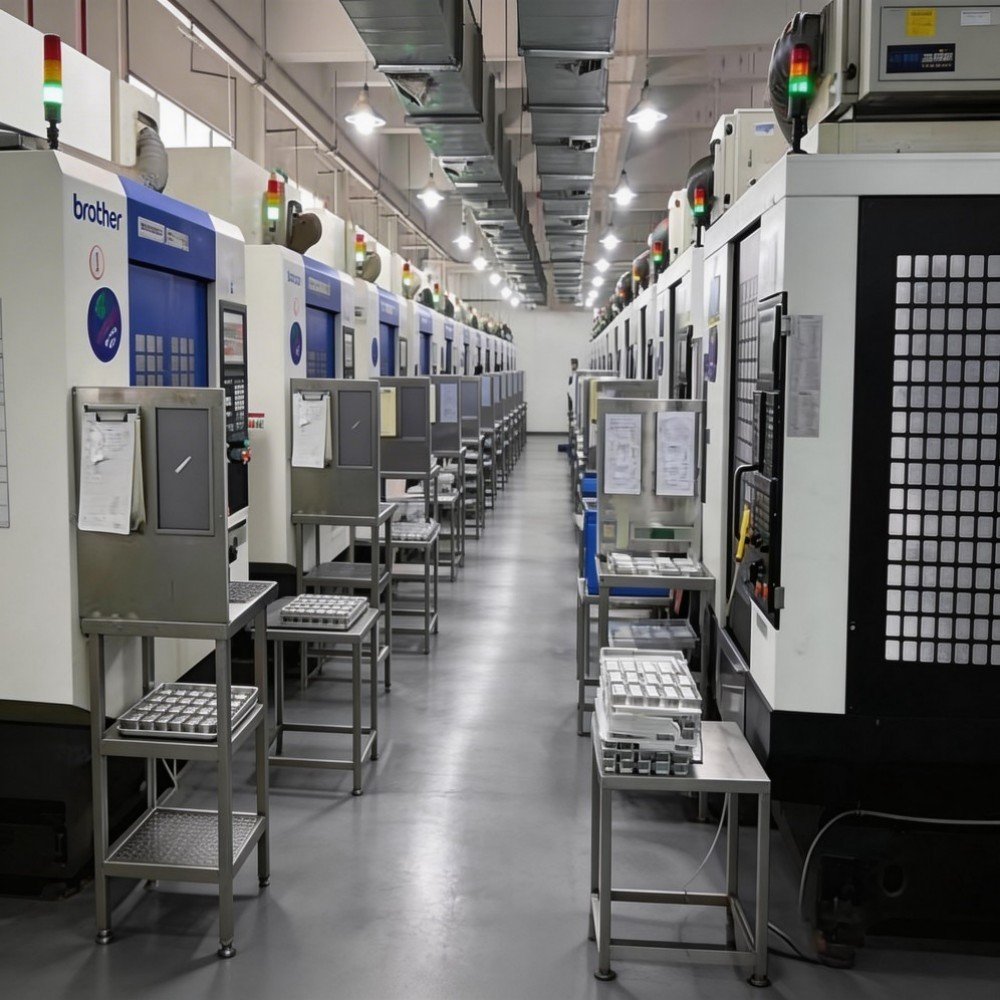 3 4 5 axis CNC milling machines in clean modern manufacturing workshop, high precision structural housing production