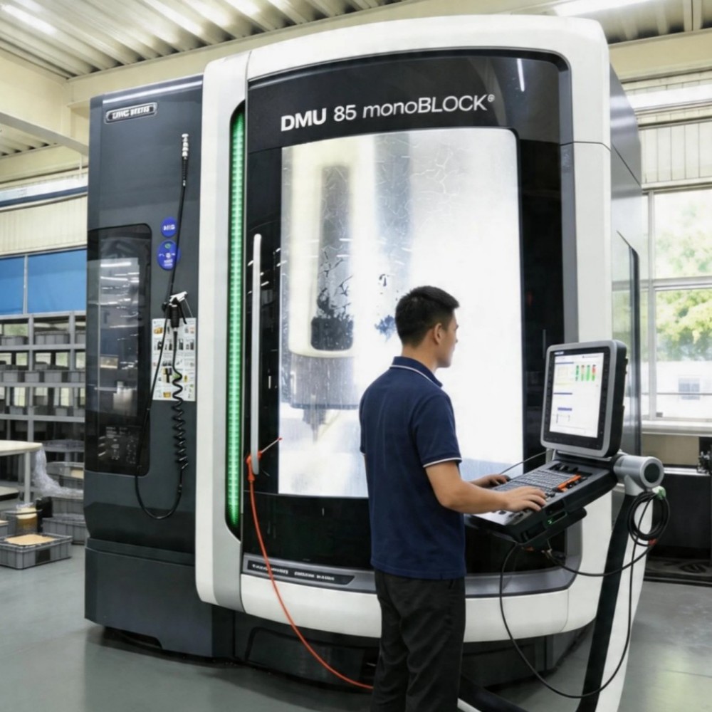 REBAN factory operator using DMU 85 monoBLOCK CNC machining center to produce high-precision custom metal and plastic components for global industries